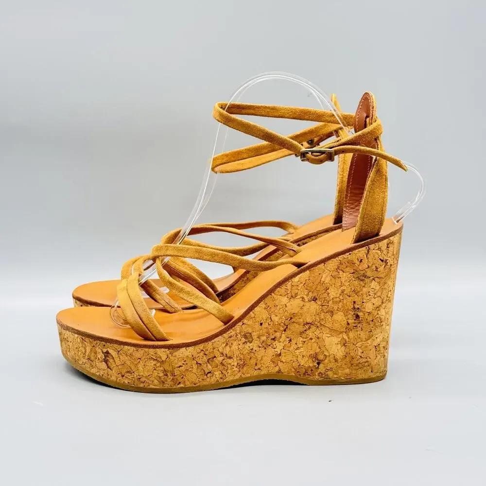 K Jacques Sandals Womens 8 Brown Suede Saint Tropez Cork Platform Wedge Shoes